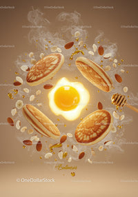 Floating pancakes with egg, honey and nuts in air