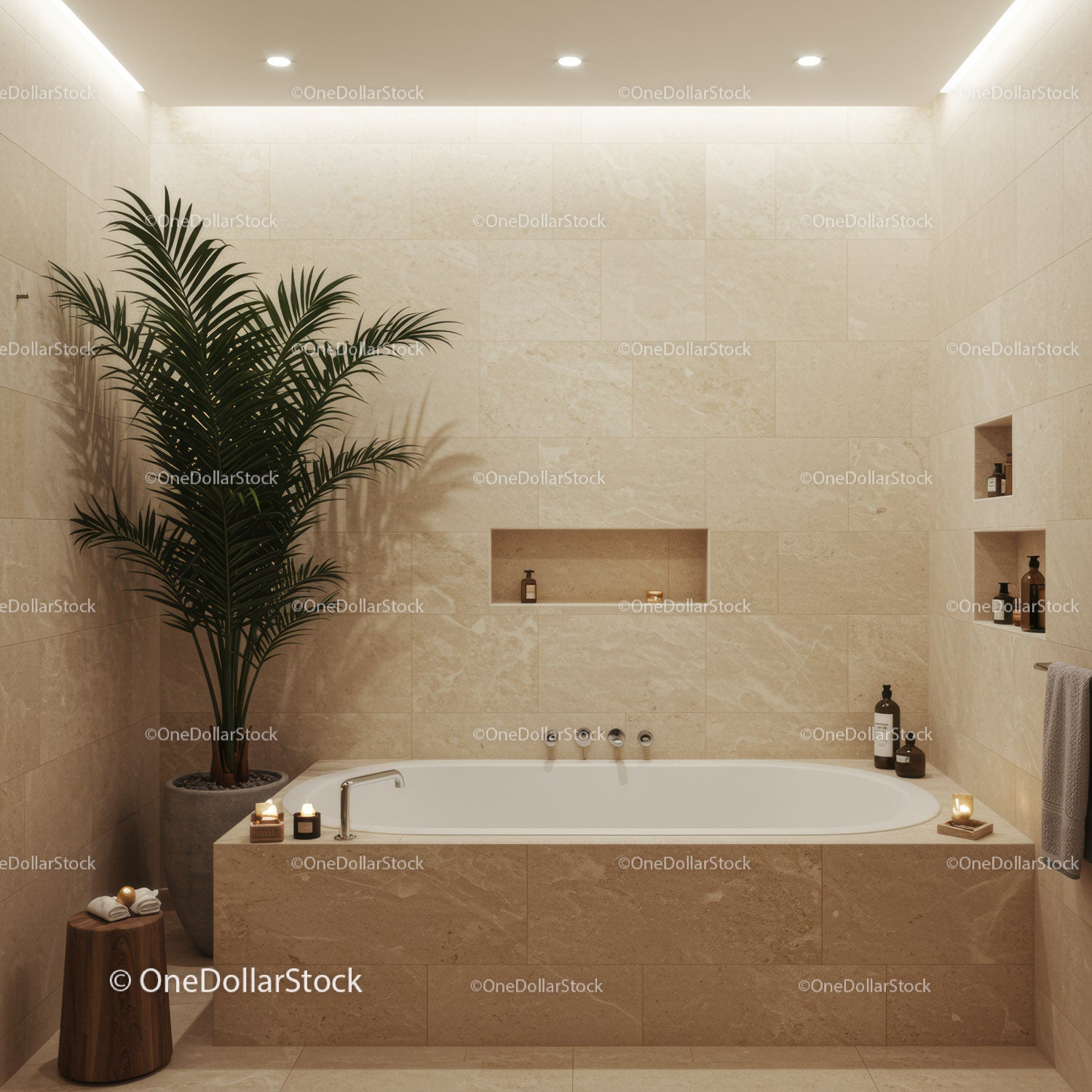 Luxury Bathroom with Bathtub and Beige Marble Walls for Relaxation