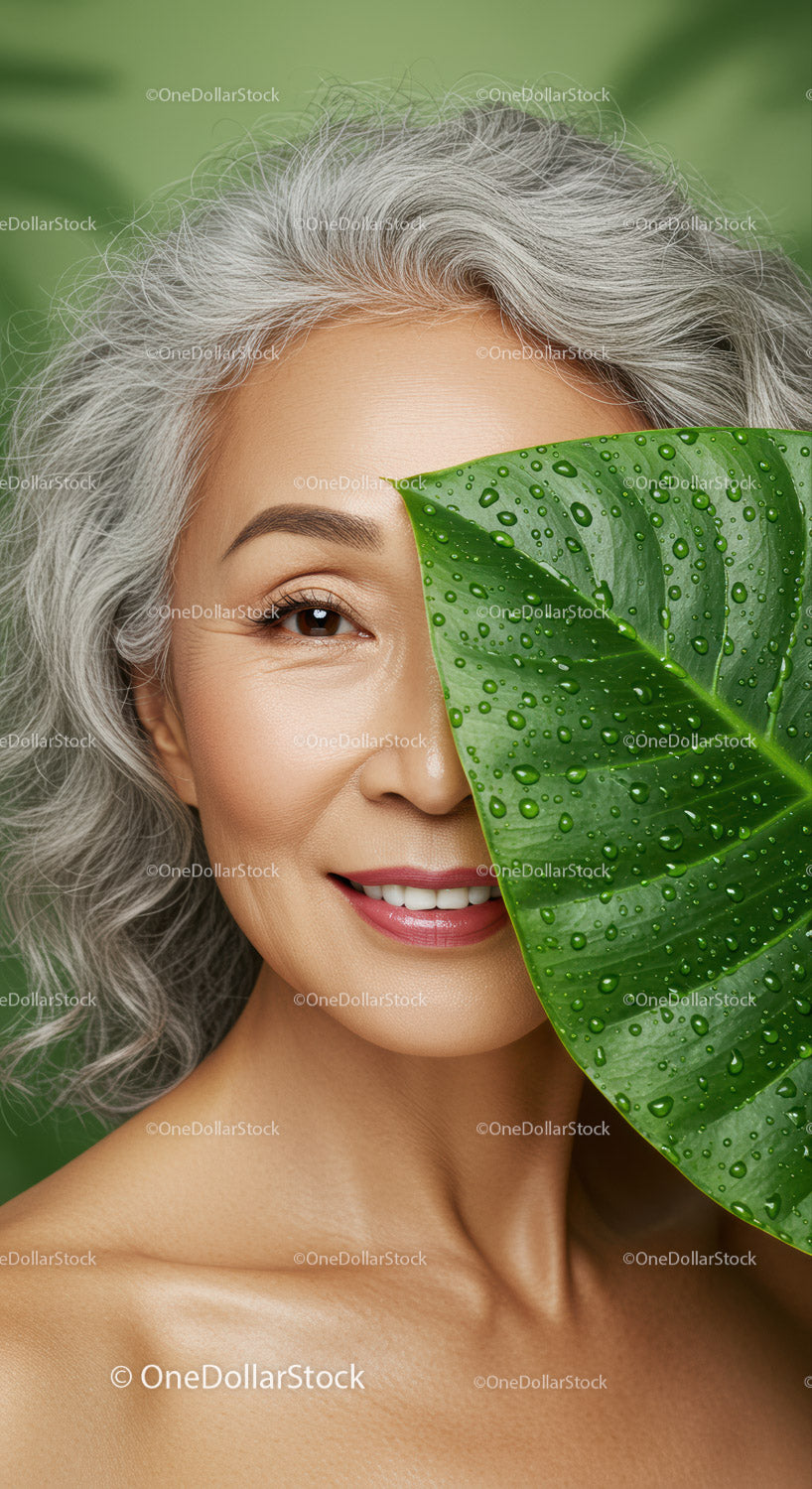 Smiling Elderly Woman with Gray Hair Behind a Large Tropical Leaf