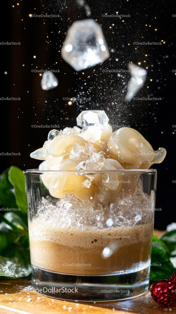 Ice Cubes and Creamy Beverage Splash in a Glass