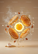 Golden pancakes and egg yolk swirling with nuts