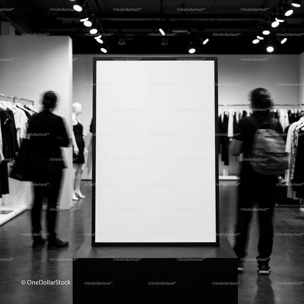 Blank vertical frame in modern clothing store interior JPG Mockup Image