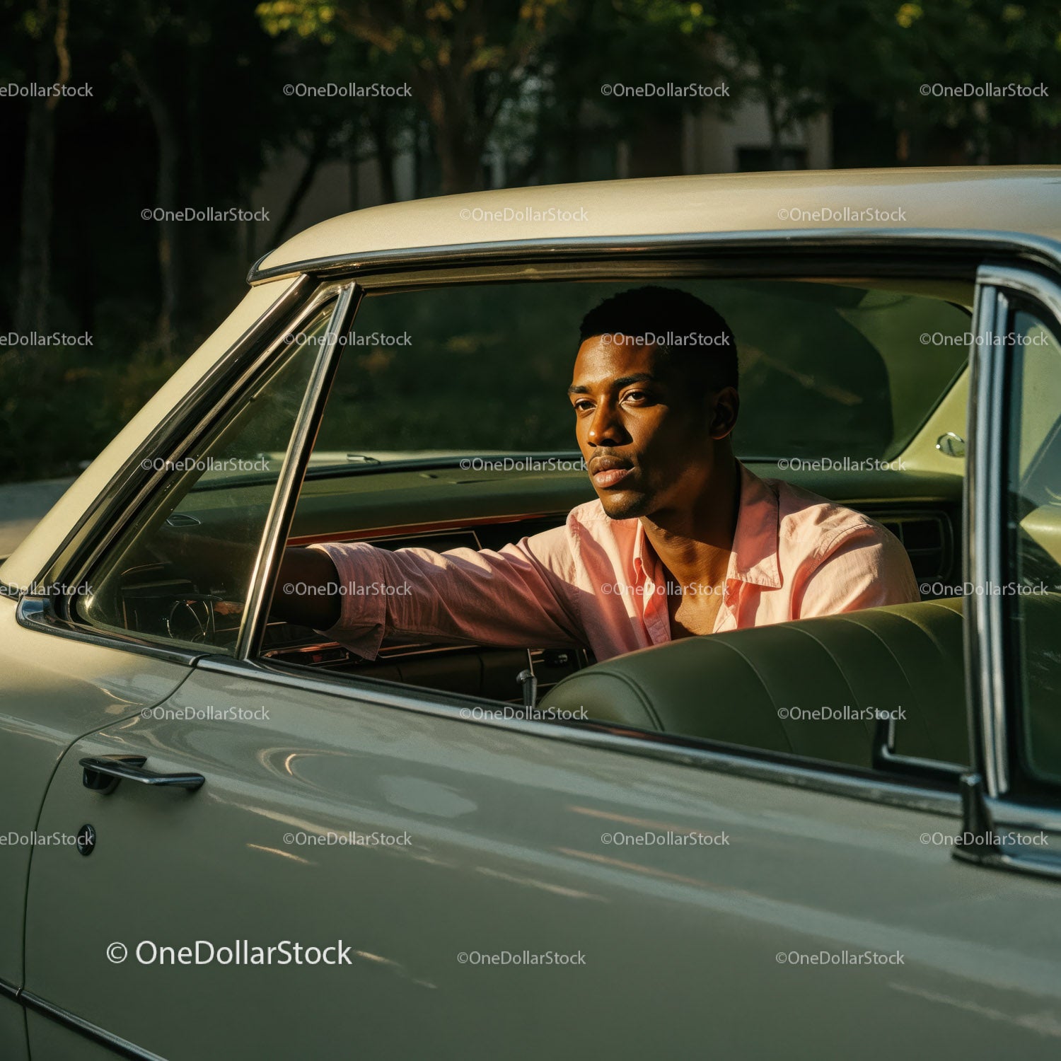 Young Man in Pink Shirt Sitting in Vintage Car on a Sunny Day