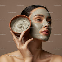 Woman with Green Clay Facial Mask Promoting Healthy Skin and Wellness