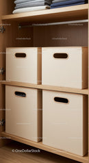 Closet with Fabric Storage Bins and Wooden Shelving for Organization