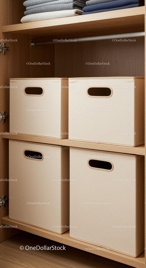 Closet with Fabric Storage Bins and Wooden Shelving for Organization