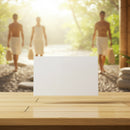 Bright spa environment with towel-clad men walking outdoors