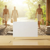 Bright spa environment with towel-clad men walking outdoors
