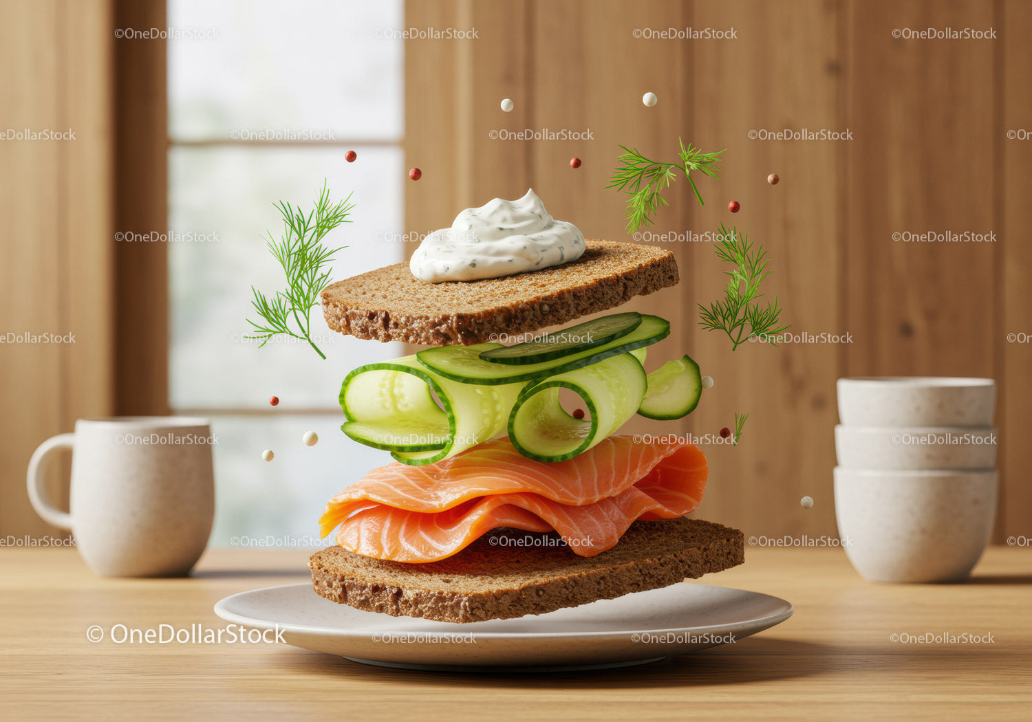Fresh smoked salmon sandwich with cucumber and dill