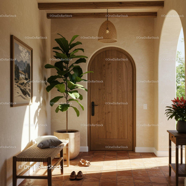 Cozy Mediterranean Entryway with Natural Light and Greenery