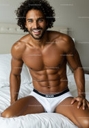 Smiling fit man sitting on bed in white underwear