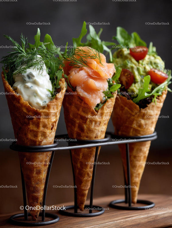 Gourmet Salad in Waffle Cones with Fresh Vegetables and Salmon
