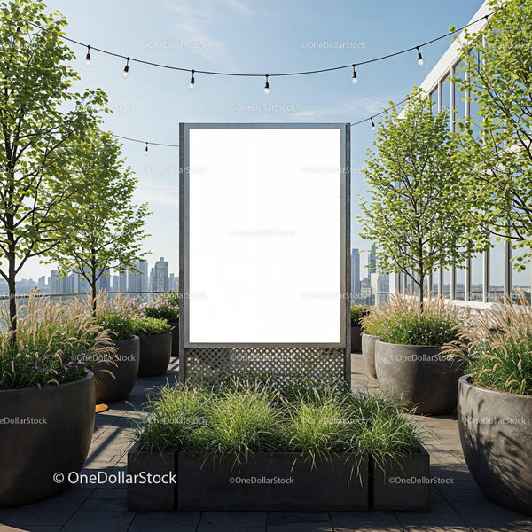 Modern Rooftop Garden with Blank Advertising Board JPG Mockup Image