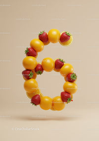 Number six formed by fresh oranges and strawberries