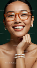 Smiling woman with orange glasses and pearl jewelry
