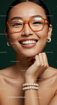 Smiling woman with orange glasses and pearl jewelry