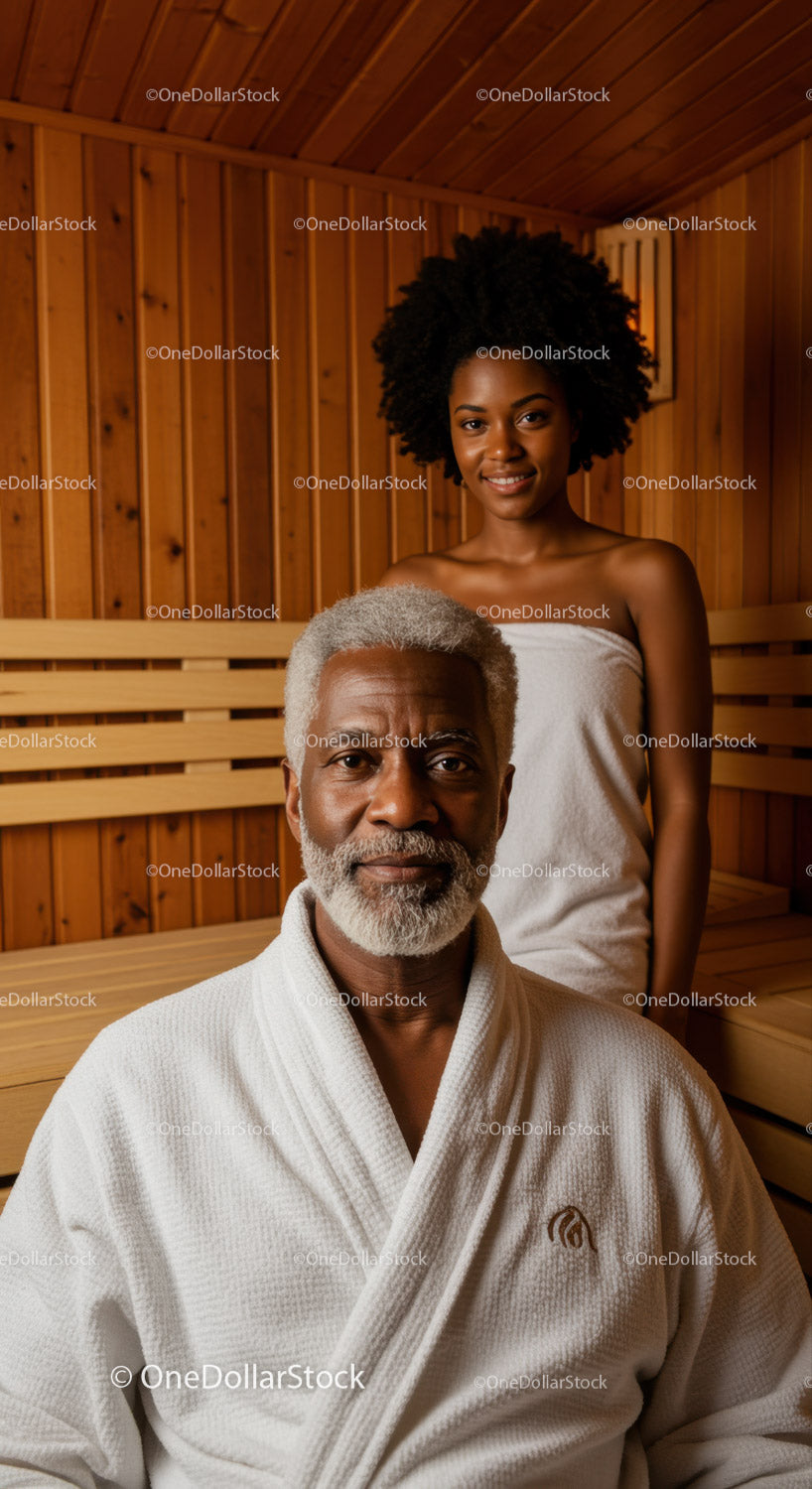 Young Woman and Elderly Man Enjoying Relaxing Sauna Session