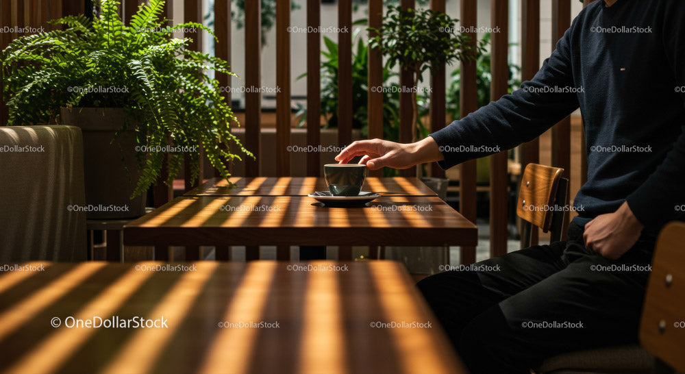 Hand Holding Coffee Cup in a Cozy Cafe Surrounded by Plants