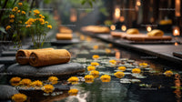Serene Outdoor Spa Scene with Yellow Towel and Water Lilies