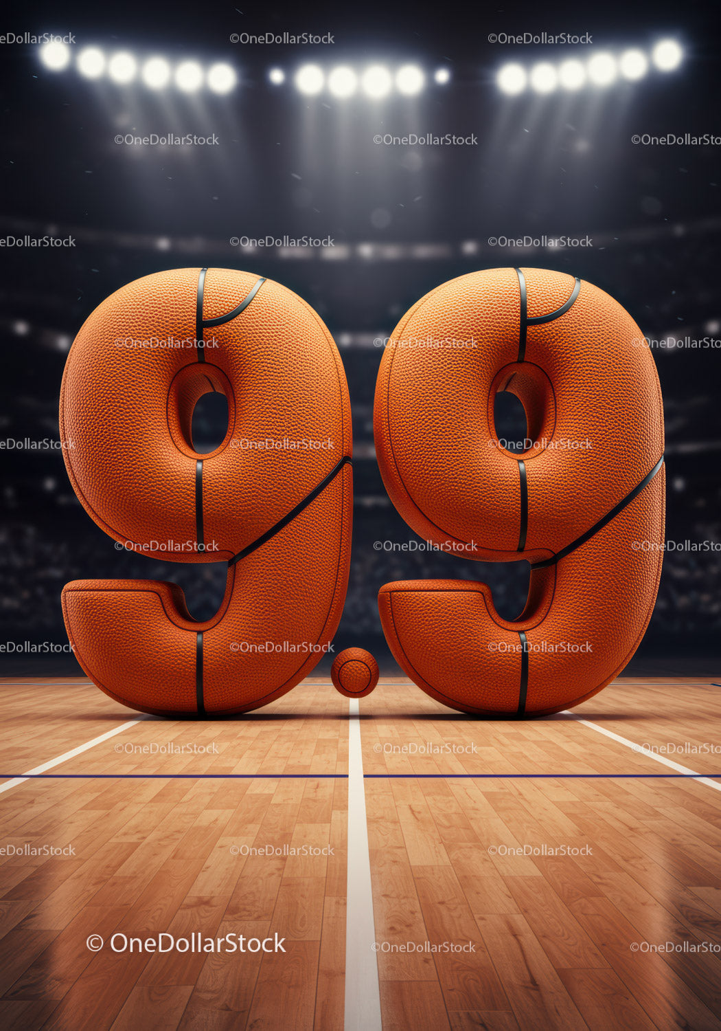 Basketball style 9.9 score on illuminated court