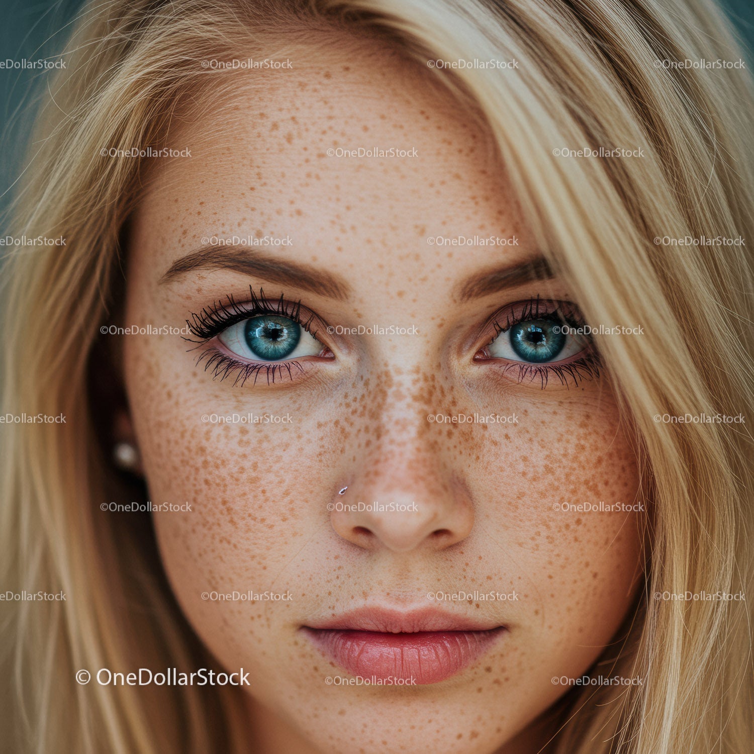 Close-up portrait of young woman with freckles and blue eyes