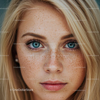 Close-up portrait of young woman with freckles and blue eyes