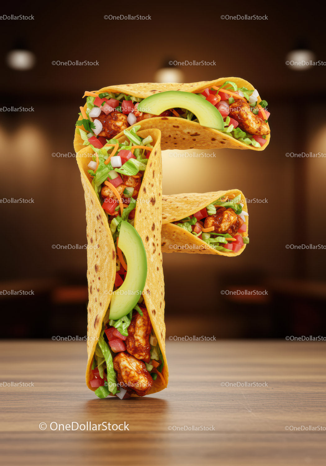 Litera F utworzona ze świeżych tacos z kurczakiem na drewnie