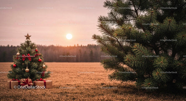 Decorated Christmas Tree and Gifts in Sunset Field