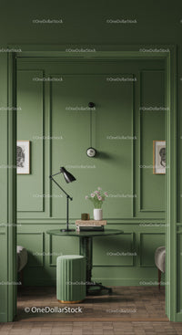 Modern Green Home Office Interior with Elegant Decor and Workstation