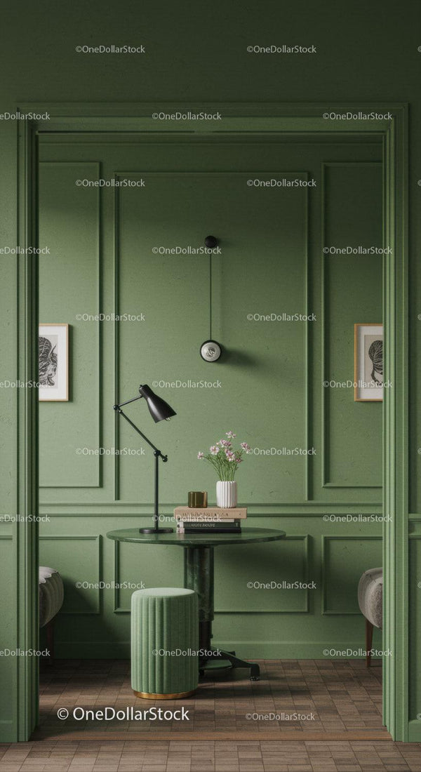 Modern Green Home Office Interior with Elegant Decor and Workstation