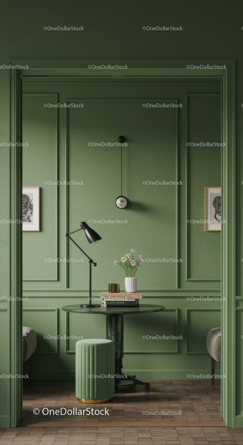 Modern Green Home Office Interior with Elegant Decor and Workstation