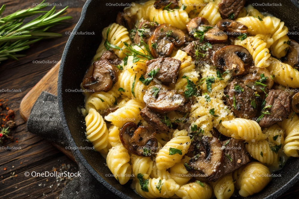 Creamy Mushroom and Beef Pasta in Rustic Setting