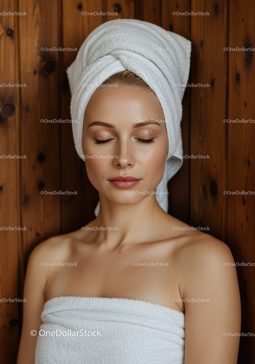 Young Woman Relaxing at Spa with Towel and Facial Mask