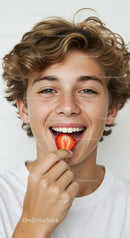 Smiling Teenage Boy Enjoying Strawberry Bite With Bright Expression