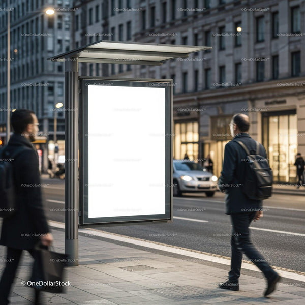 Blank illuminated city bus stop advertisement at dusk JPG Mockup Image