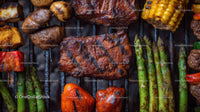 Variety of Skewered Grilled Meat and Vegetables on Barbecue