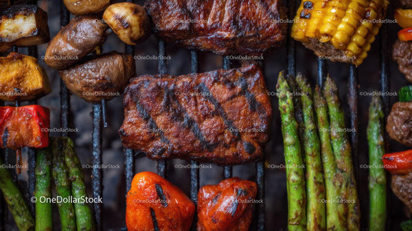 Variety of Skewered Grilled Meat and Vegetables on Barbecue