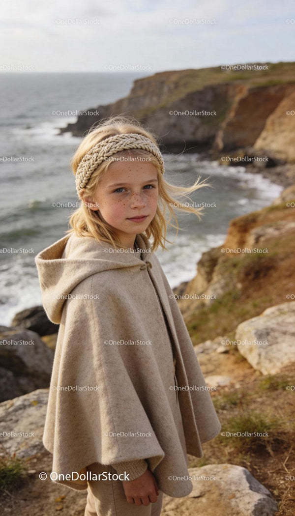 Blond girl in cozy cape and braided headband by cliffs