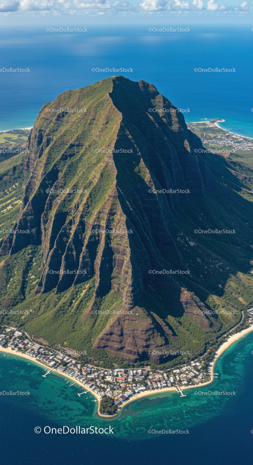 Majestic Mountain Peak Overlooking Turquoise Ocean Coast Landscape
