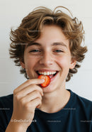 Joyful Child Enjoying Fresh Strawberry in Bright Casual Setting