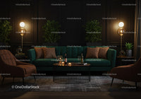 Cozy living room with green sofa and warm lighting