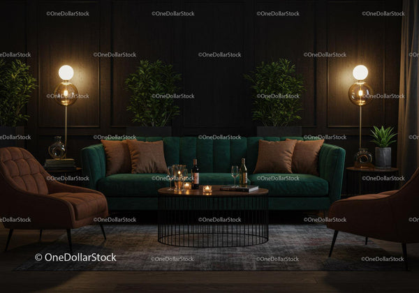 Cozy living room with green sofa and warm lighting