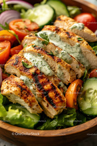 Grilled Chicken Breast with Herb Cream Sauce and Fresh Vegetable Salad