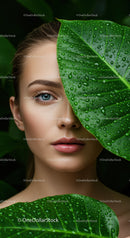 Close-up of a Woman with Blue Eye Surrounded by Dewy Green Leaves