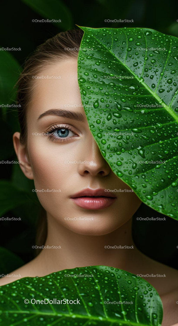 Close-up of a Woman with Blue Eye Surrounded by Dewy Green Leaves