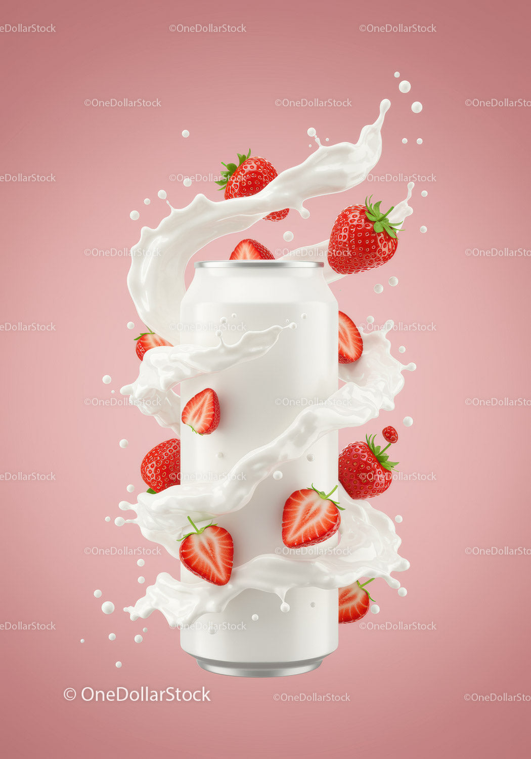 Refreshing strawberry milk splash around blank can