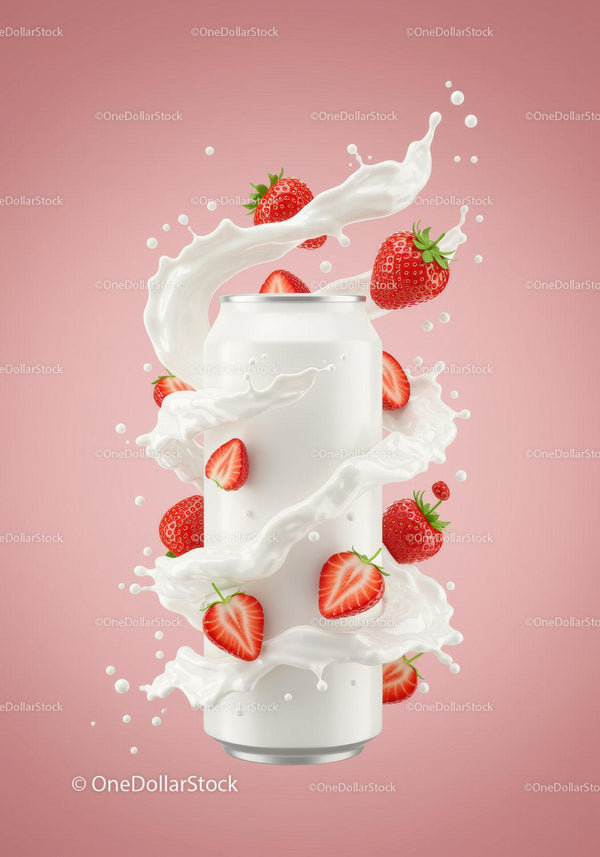 Refreshing strawberry milk splash around blank can JPG Mockup Image