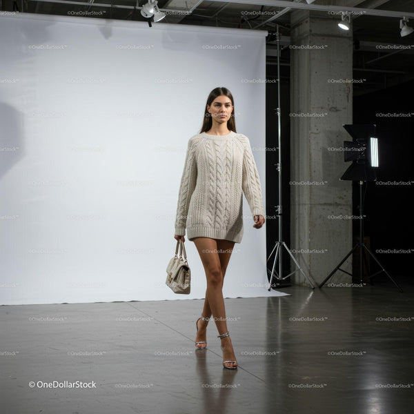 Young woman walking in oversized knitted sweater indoors JPG Mockup Image