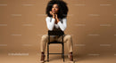 Stylish Young Woman Sitting Thinking in Beige Pants and White Blouse