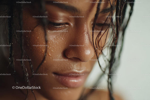 Close-Up of a Woman's Face with Water Droplets and Moist Skin